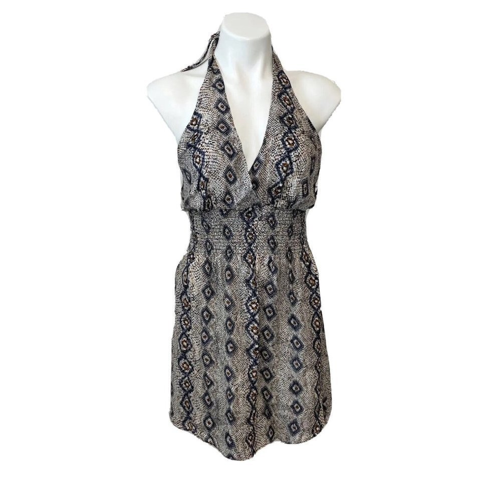 Parker Sleeveless Halter Backless Mini Silk Dress Black XS Animal Print V-neck